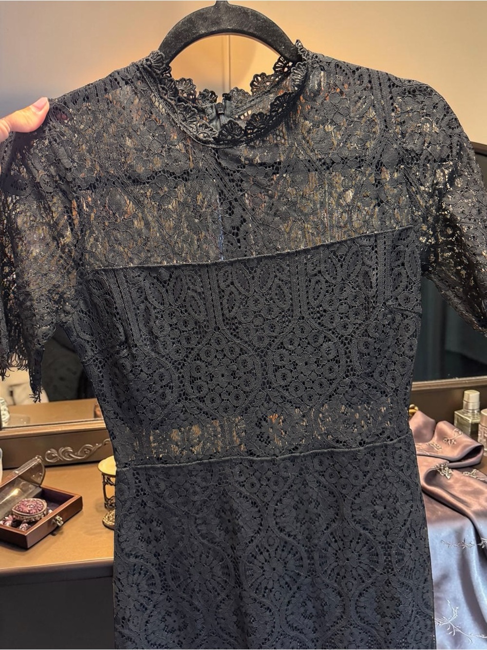 Lulus Black Whimsical Lace Mock Neck Sheath Dress Small EUC - Picture 11 of 14